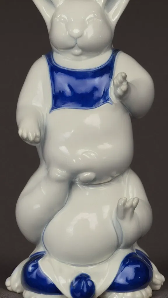 Prompt: porcelain rabbit head budda statue with blue arabesque details painted by john singer sargent