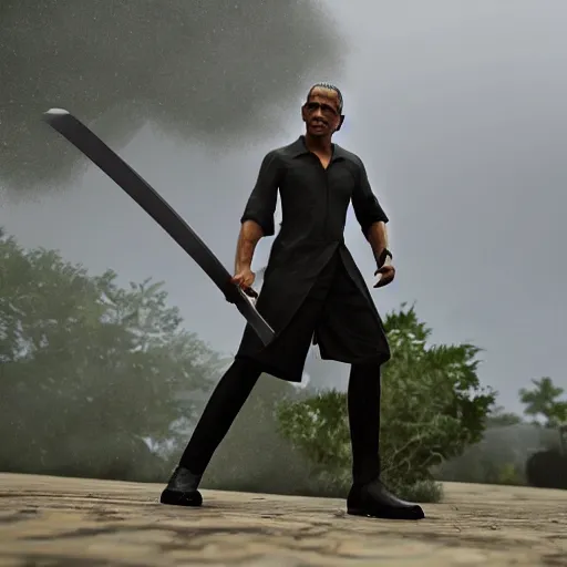 Image similar to Obama with a katana in rain ready to battle, 4k, 40nm lens, masterpiece, hyperrealistic, extreme details, unreal engine 5, cinematic,