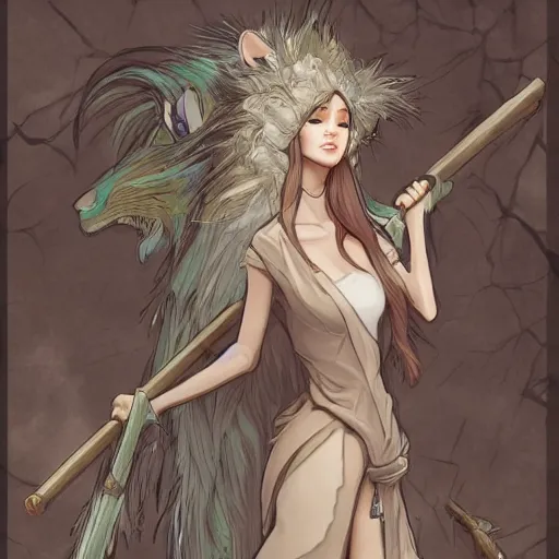 Image similar to detailed 2 d fantasy picture a woman with gray hear, using dead lion costume jacket, and holding long stick in the style of artgerm and greg rutkowski and alphonse mucha