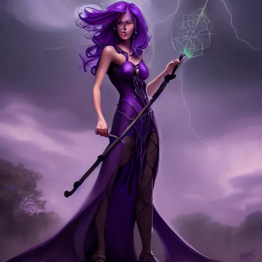 Prompt: a woman in a purple dress holding a staff and dark magic, storm and rain behind her, action scene, magical concept art, artstation contest winner, fantasy art, dark and mysterious, artstation hd, detailed, 8 k, digital art