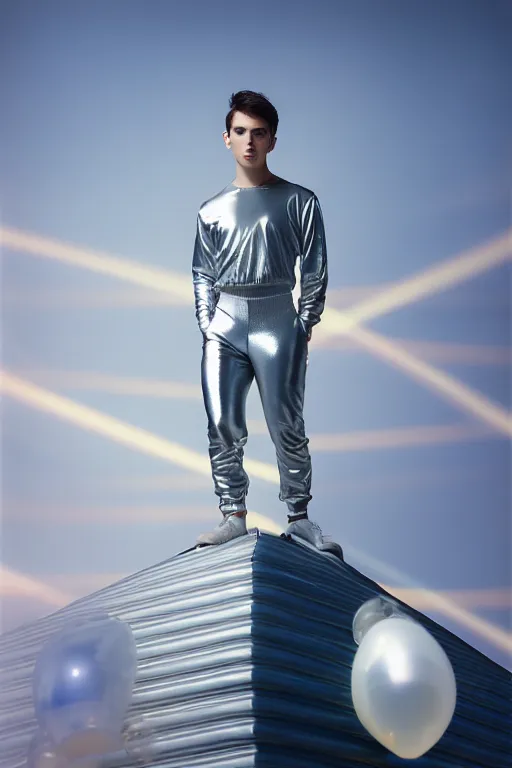 Image similar to un ultra high definition studio quality photographic art portrait of a young man standing on the rooftop of a british apartment building wearing soft baggy inflatable padded silver iridescent pearlescent clothing. three point light. extremely detailed. golden ratio, ray tracing, volumetric light, shallow depth of field. set dressed.