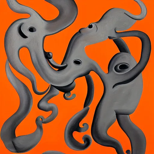 Image similar to An abstract painting of swirling elephants by Salvador Dali, orange and gray color palette