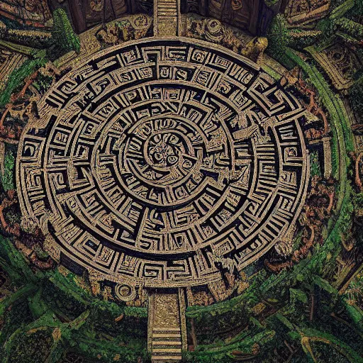 Prompt: Aereal view of an ancient intricate labyrinth, intricate, baroque, wonderland, photorealistic, photography, octane, high definition, detailed, 8k, artstation