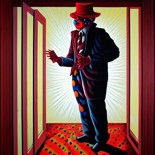 Prompt: a candy - colored clown they call the sandman tiptoes to my room every night. by jeffrey smith, oil on canvas