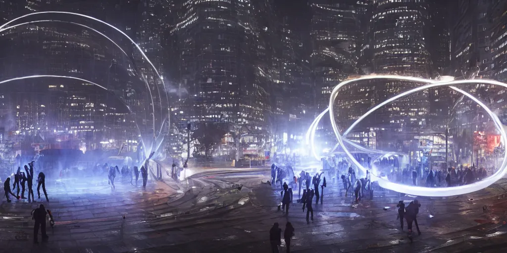 Image similar to policemen protecting a huge spiral - shaped bright white luminous attractor right in the center of the city from protesting people,, rain and light fog, professional lighting, concept art in 3 d, high detail, professional lighting, unreal engine