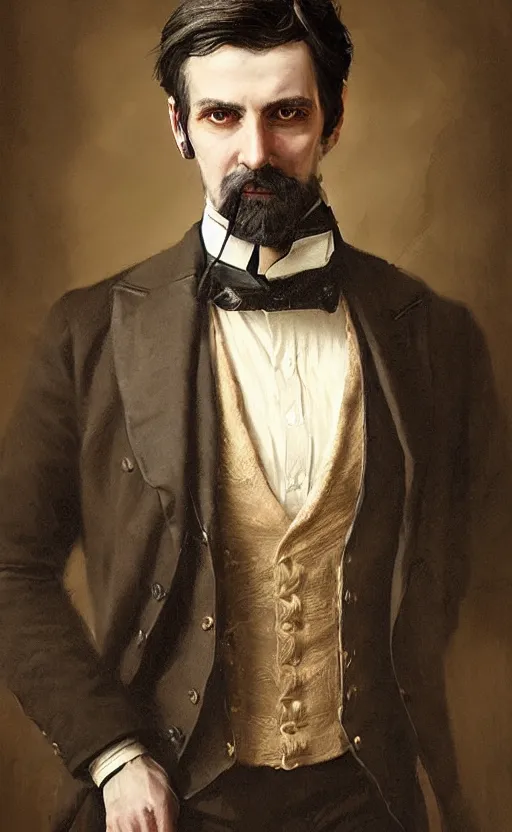 Prompt: Portrait of a victorian gentleman wearing a waistcoat, male, detailed face, victorian, highly detailed, cinematic lighting, digital art painting by greg rutkowski