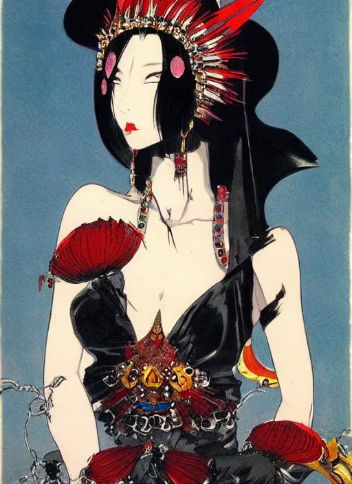 Image similar to junoesque female korean vampiress, jeweled headdress, heavy mascara, strong line, saturated color, beautiful! coherent! by frank frazetta, high contrast, minimalism