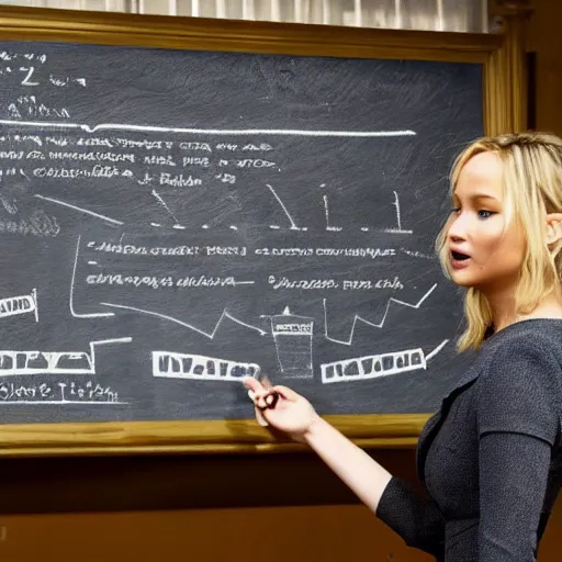 Image similar to the first still from the professor, directed by christopher nolan, shows jennifer lawrence at a chalkboard explaining data pipelines 4 k