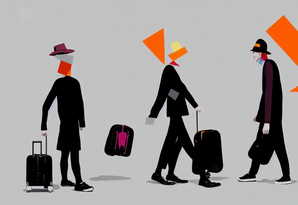 Image similar to full body portrait of a duo of young english tourists travel apparel, various poses walking and carrying luggage, geometric character designs painting, in the style of wes anderson, rene magritte, lola dupre, david hockney, isolated on white background, dark monochrome neon spraypaint accents octane render