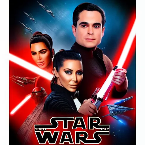 Image similar to super detailed star wars movie poster with ben shapiro, snooki and kim kardashian, 8k full HD photo, cinematic lighting, anatomically correct, oscar award winning, action filled, correct eye placement,