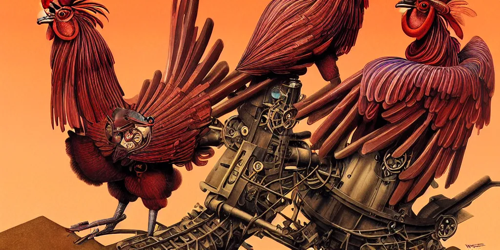 Image similar to digital painting of two mechanical roosters fighting, by wayne barlowe and bob pepper and karl wilhelm de hamilton, dieselpunk, steampunk, highly detailed, intricate, sharp focus, portrait, talons, anatomy, beak, wings