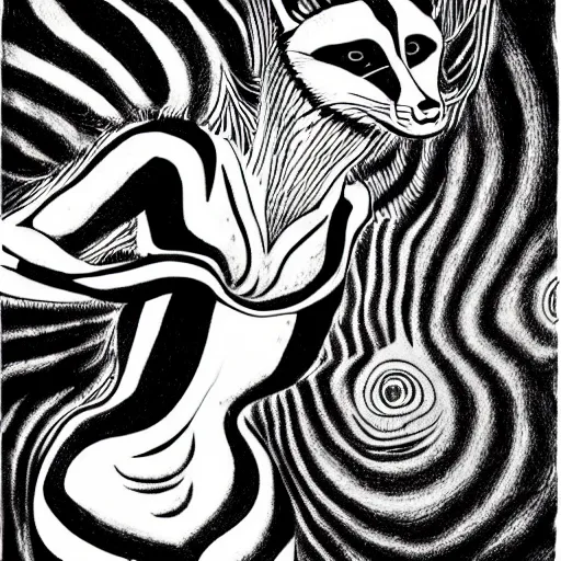 Image similar to black and white illustration creative design, raccoon, junji ito, body horror