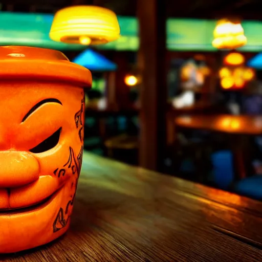 Image similar to a closeup photorealistic photograph of an orange cat garfield style tiki mug at a trader vic's bar with garfield's face on the front. tiki party. bright scene. fine detail. this 4 k hd image is trending on artstation, featured on behance, well - rendered, extra crisp, features intricate detail, epic composition and the style of unreal engine.