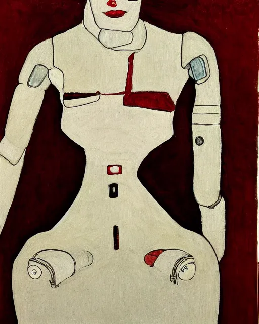 Image similar to portrait of young female robot on the sofa, in the style of Egon Schiele