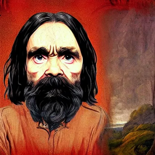 Image similar to charles manson in the style of a renaissance painting