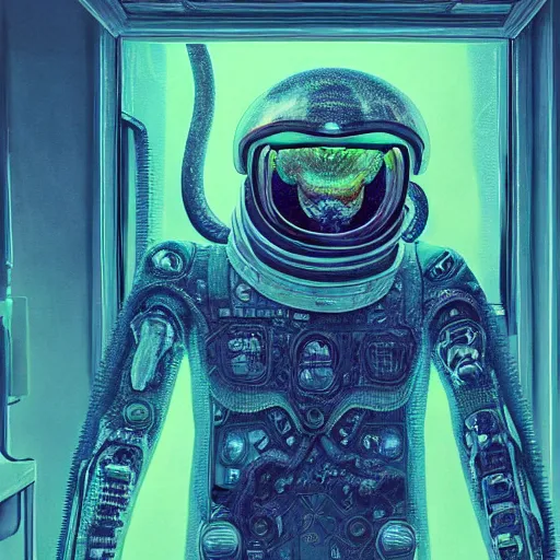 Image similar to portrait of a squid monster astronaut, in a 1970s livingroom , full body portrait, well lit, intricate abstract. cyberpunk, intricate artwork, by Tooth Wu, wlop, beeple. octane render, trending on artstation, greg rutkowski very coherent symmetrical artwork. cinematic, hyper realism, high detail, octane render, 8k, minimalistic, hyperrealistic surrealism, award winning masterpiece with incredible details, a surreal vaporwave liminal space, highly detailed, trending on ArtStation