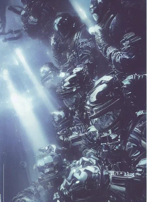 Image similar to astronauts in dark and empty void underwater - complex and hyperdetailed technical suit. reflection and dispersion materials. rays and dispersion of light. volumetric light. 5 0 mm, f / 3 2. noise film photo. flash photography. ultra realistic, wide angle. poster by wayne barlowe, hajime sorayama aaron horkey, craig mullins