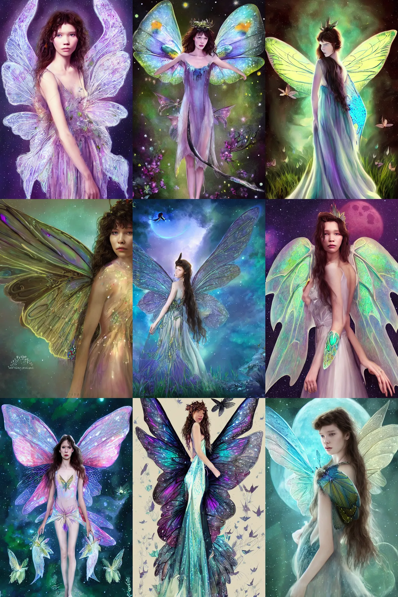 Prompt: astrid berges frisbey as a fairy. large lunar moth wings grow from her back digital illustration. trending on art station, low detail, dreamy, vivid colours