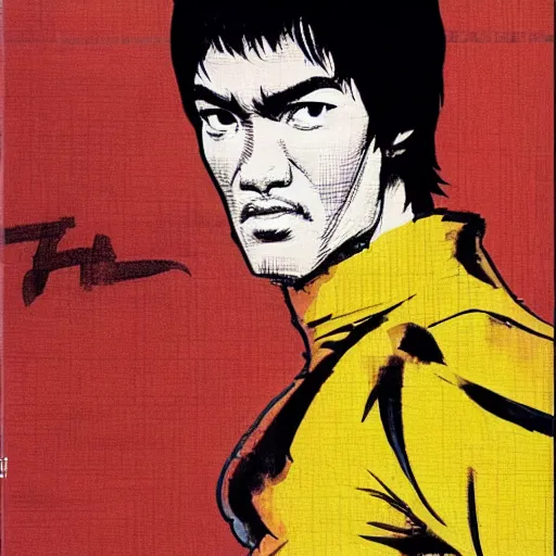 Image similar to Bruce Lee wearing a yellow jumpsuit by Yoji Shinkawa and Ashley Wood