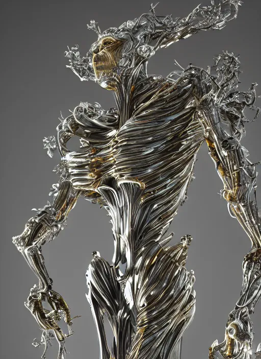 Prompt: cinematic forest lighting, beauteous practical sumptuous full body elegant pose, liquid white pearlescent, chrome, iridescent titanium hybrid biomechanical, crystal, gold, copper, bronze, crystalline masterpiece incrustations, hyperdetailed metalwork by h. r. giger movie still, octane render, unreal engine, crepuscular rays,