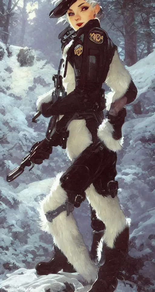 Prompt: anthropomorphic female wolf police officer with white fur. Renowned character illustration by greg rutkowski, thomas kindkade, alphonse mucha, loish, norman rockwell. Trending on furaffinity.