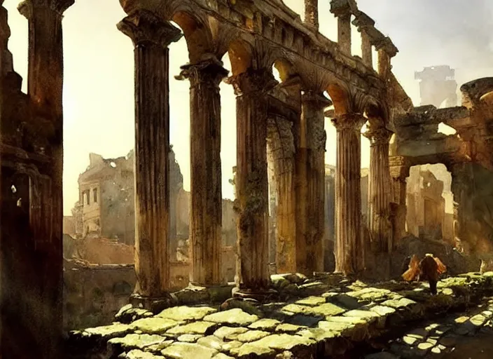 Prompt: watercolor painting of roman ruins, old signs, walls, very beautiful lighting, art by anders zorn, wonderful masterpiece by greg rutkowski, cinematic light, american romanticism by greg manchess, creation by tyler edlin