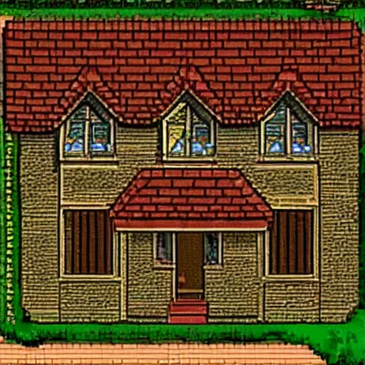 Prompt: a large house, from a point and click graphic adventure game made in 1995