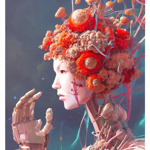 Image similar to surreal gouache painting, by yoshitaka amano, by ruan jia, by conrad roset, by kilian eng, by good smile company, detailed anime 3 d render of a mechanical android head with flowers growing out, portrait, cgsociety, artstation, modular patterned mechanical costume and headpiece, retrowave atmosphere