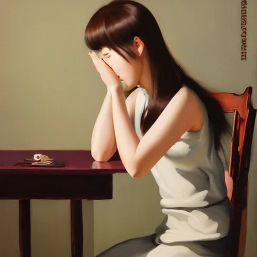 Prompt: oil painting by ilya kuvshinov,, baugh casey, rhads, coby whitmore, of a youthful japanese beauty, long hair, sitting on antique chair leaning against a desk, victorian room, highly detailed, breathtaking face, studio photography, dawn, intense subsurface scattering, blush, supple look, innocence, soft spray