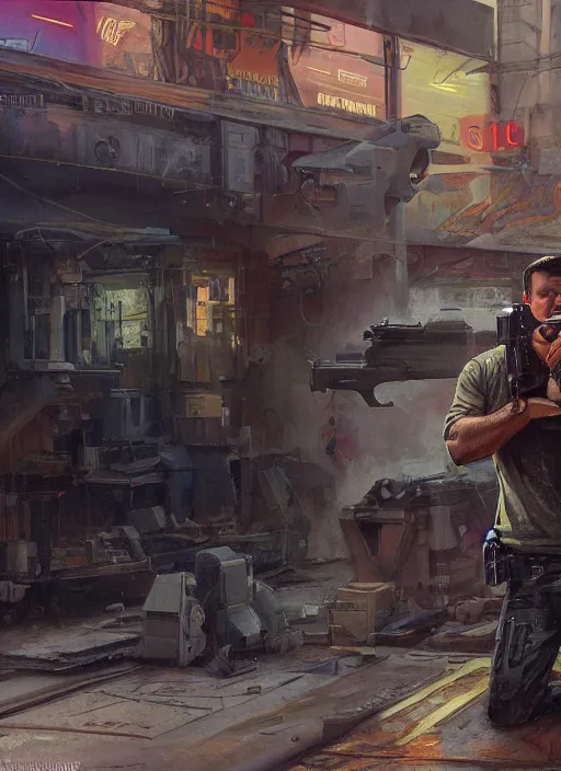 Prompt: salesman demonstrating belt fed automatic pistol armalite m 2 1 1 1. blade runner 2 0 4 9 concept painting. epic painting by james gurney, azamat khairov, and alphonso mucha. artstationhq. painting with vivid color. ( rb 6 s, cyberpunk 2 0 7 7 )