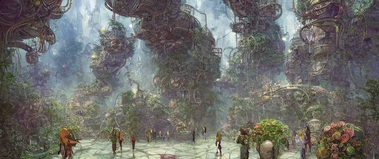 Prompt: A beautiful illustration of a retro futurism hanging garden full of people walking the pathways on another world by Daniel merriam | sparth:.2 | Time white:.3 | Rodney Matthews:.3 | Graphic Novel, Visual Novel, Colored Pencil, Comic Book:.2 | unreal engine:.3