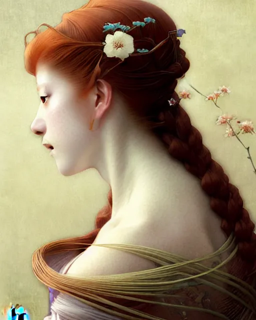 Image similar to Beautiful and playful ethereal ginger portrait, art nouveau, fantasy, intricate flower designs, elegant, highly detailed, sharp focus, art by Hasui Kawase, Camille Corot, Artgerm and Greg Rutkowski and WLOP