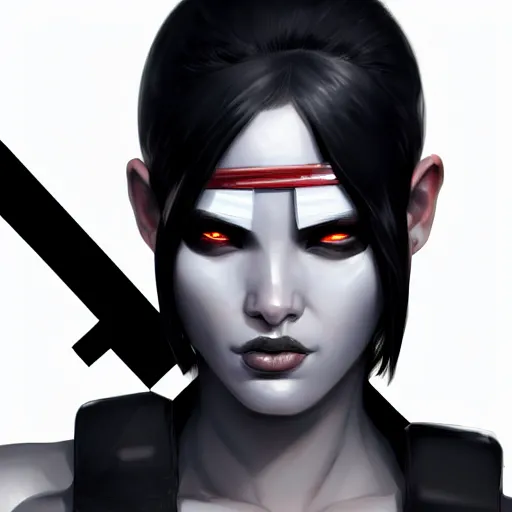 Prompt: Domino X-force pale purely white skin black spot over LEFT eye, highly detailed, digital painting, artstation, concept art, smooth, sharp focus, illustration, no spot over right eye