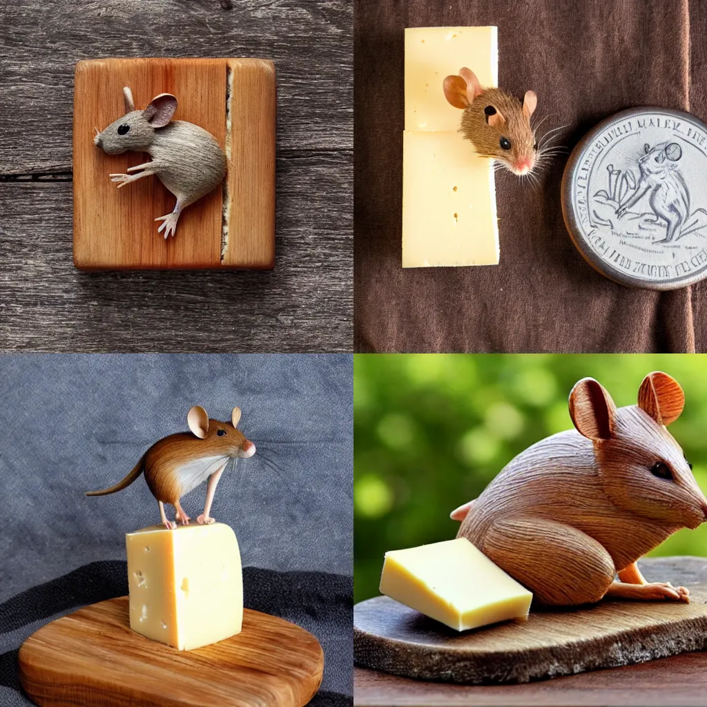 Prompt: a wooden statue of a field mouse on a block of cheese