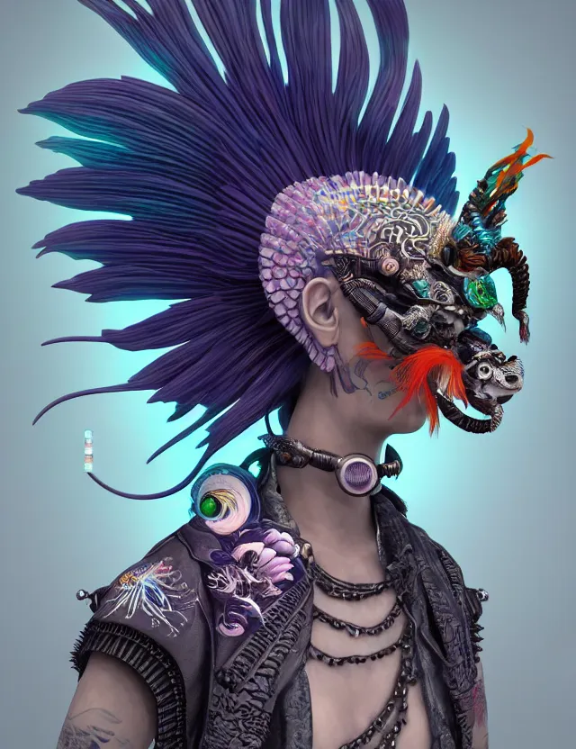 Image similar to 3 d goddess close - up profile portrait punk with mohawk with ram skull. beautiful intricately detailed japanese crow kitsune mask and clasical japanese kimono. betta fish, jellyfish phoenix, bio luminescent, plasma, ice, water, wind, creature, artwork by tooth wu and wlop and beeple and greg rutkowski