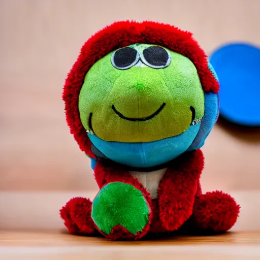 Image similar to a photograph of a turtle plush toy, he is happily playing drums, vivid color, 50mm, depth of field