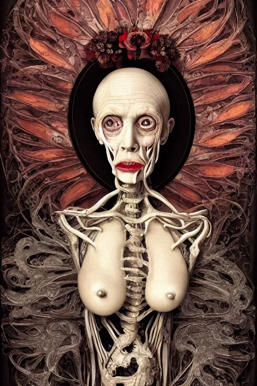 Image similar to Detailed maximalist portrait of a beautiful old woman with large lips and eyes, scared expression, botanical skeletal with extra flesh, HD mixed media, 3D collage, highly detailed and intricate, surreal illustration in the style of Caravaggio, dark art, baroque, centred in image