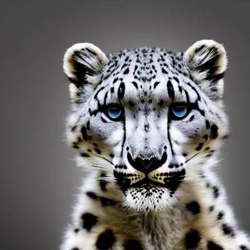 Image similar to very very very cute snow leopard, portrait, pixar style, winter forest background, cinematic lighting, award winning creature portrait photography