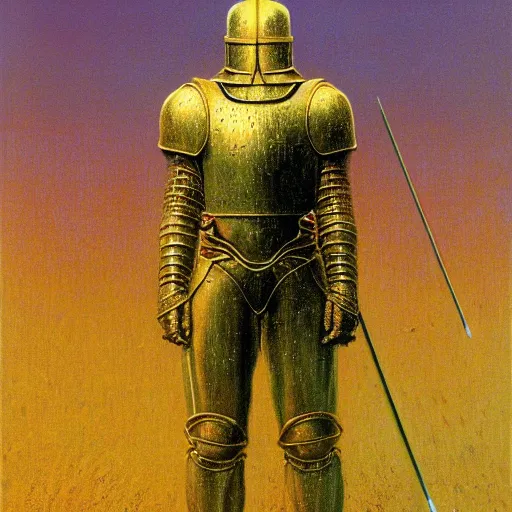 Image similar to portrait of powerful mighty noble knight in golden armour. He has golden hairs. Painting by Beksinski