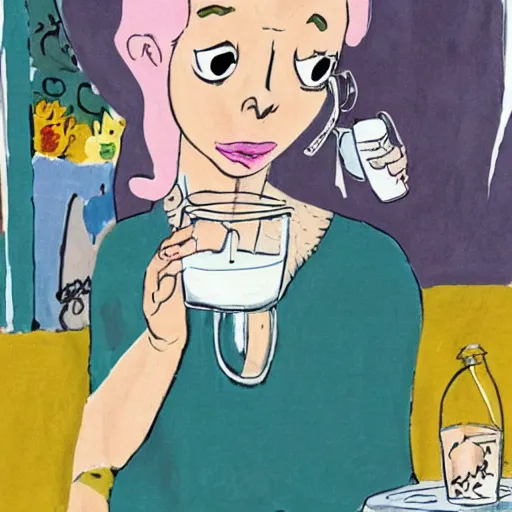 Prompt: doja cat drinking a glass of milk, artwork by quentin blake,