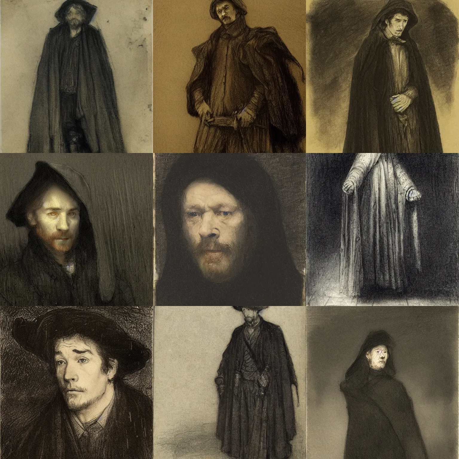 Prompt: a pale, melancholic Lee Evans in his 30s as 19th century wanderer, dressed in a worn, black traveling cloak. heavy raining, thunder storm, blue tones, darkness, highly detailed, realistic, drawing by Rembrandt and Alan Lee