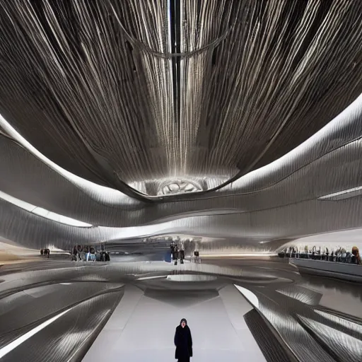 Image similar to extremely detailed ornate stunning beautiful futuristic museum interior by Zaha Hadid