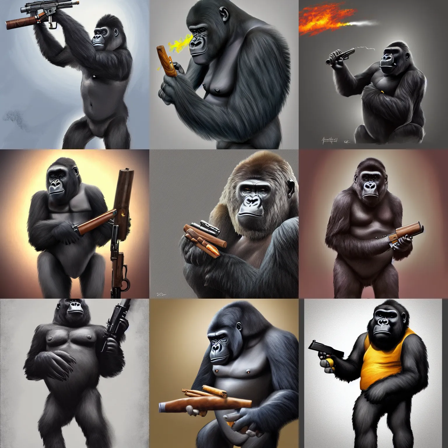 Prompt: A gorilla holding an AK47 smoking a cigar, digital painting, artstationHQ