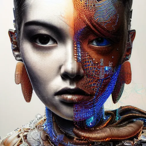Prompt: hyperrealistic photograph of a highly detailed portrait of beautiful pearlescent cyborg, in the style of jin kagetsu, james jean and wlop, chuck close, highly detailed, face symmetry, highly realistic hands, masterpiece, award - winning, sharp focus, intricate concept art, ambient lighting, 8 k, artstation,