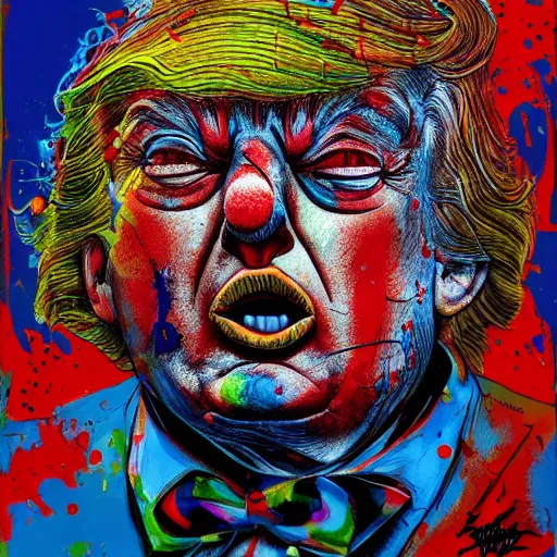 Prompt: Donald Trump clown, Ralph steadman, psychedelic, surreal, ink splatter, detailed, 4k