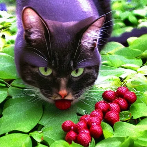 Prompt: cctv footage of a cat eating berries in backyard last night. caught on camera