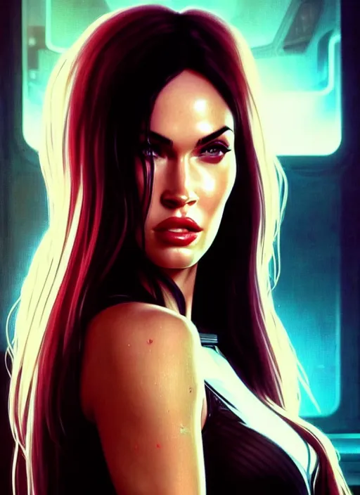 Image similar to portrait of megan fox as v, cyberpunk, technology, science fiction, cd project red, intrigante, headshot, highly detailed, digital painting, artstation, concept art, sharp focus, cinematic lighting, illustration, art by artgerm and greg rutkowski, alphonse mucha, cgsociety