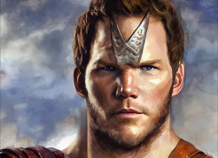 Prompt: a highly detailed beautiful portrait of chris pratt as kratos, by gregory manchess, james gurney, james jean