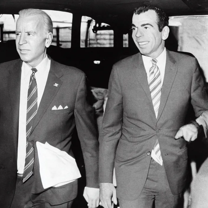 Image similar to Joe Biden walking with Lee Harvey Oswald as walmart