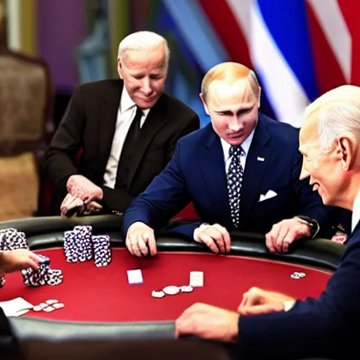 Image similar to Putin playing poker with Biden in a dark scary room, both are smoking, noir